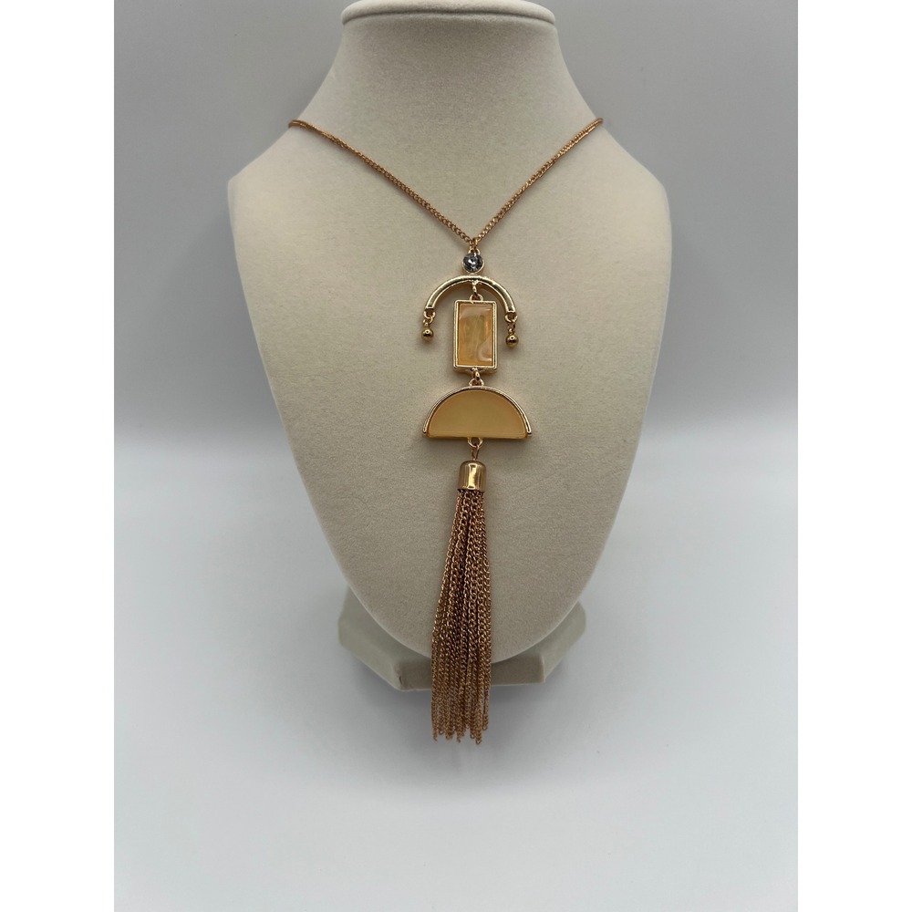 ISC Rose Gold Tone Geometric Tassel Necklace Cream Resin Crystal 74631N A